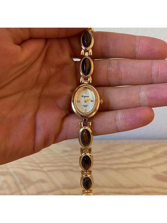 Accessories - Y2k style Dainty cute Gold style tone quartz watch with brown jade stone opal